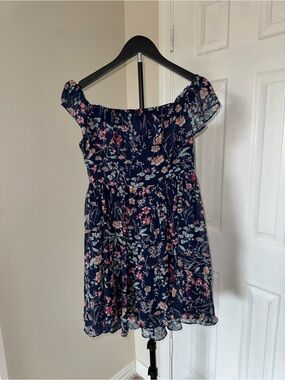 Lulu's Navy Floral Off-The-Shoulder Dress with Pink & Cream Blossoms